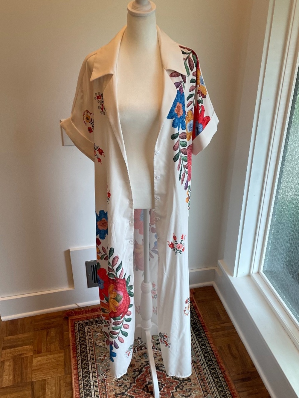 Shein Curve + Boho Casual White Floral Print Maxi Shirt Dress Robe Cover-up XL - Picture 2 of 12